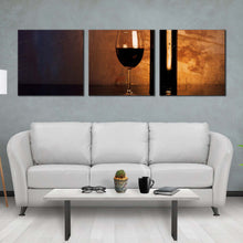 Load image into Gallery viewer, wine  drink  canvas  wall  art  fancy  red  wine  canvas  print  green  wine  bottle  digital  artwork  3  piece  canvas  set In Living Room
