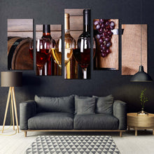 Load image into Gallery viewer, wine drink canvas wall art red white wine glasses 5 piece canvas print wine bottles brown barrels grapes multi canvas artwork In Living room
