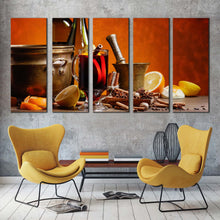 Load image into Gallery viewer, wine drink canvas wall art wine and orange fruits multi canvas red wine glasses 5 piece canvas print In Living Room
