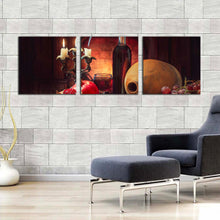 Load image into Gallery viewer, wine  fireplace  canvas  print  colorful  still  life  wine  canvas  set  red  wine  fruits  and  candles  3  piece  canvas  wall  art In Living Room
