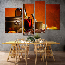 Load image into Gallery viewer, wine fruits canvas print red wine glasses 4 piece canvas wall art orange fruits wine bottle canvas set for living room
