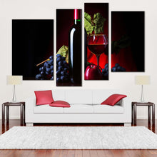 Load image into Gallery viewer, wine fruits canvas wall art black wine bottle grapes 4 piece multi canvas still life wine canvas print red wine glass canvas set for living room
