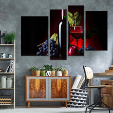 Load image into Gallery viewer, wine fruits canvas wall art black wine bottle grapes 4 piece multi canvas still life wine canvas print red wine glass canvas set in living room
