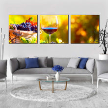 Load image into Gallery viewer, wine  fruits  canvas  wall  art  glass  of  wine  at  sunset  multiple  canvas  wine  in  yellow  autumn  canvas  set  colorful  wine  and  grapes  3  piece  canvas  print In Living Room
