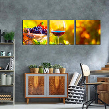 Load image into Gallery viewer, wine  fruits  canvas  wall  art  glass  of  wine  at  sunset  multiple  canvas  wine  in  yellow  autumn  canvas  set  colorful  wine  and  grapes  3  piece  canvas  print
