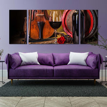 Load image into Gallery viewer, wine glass canvas print brown violin with red wine 3 piece canvas wall art black wine bottle canvas set For Living Room
