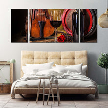 Load image into Gallery viewer, wine glass canvas print brown violin with red wine 3 piece canvas wall art black wine bottle canvas set For Bedroom
