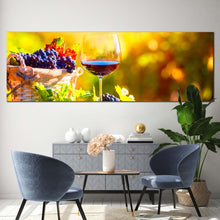 Load image into Gallery viewer, wine  glass  canvas  print  colorful  wine  fruits  canvas  artwork  glass  of  wine  at  sunset  1  piece  canvas  wall  art  wine  in  yellow  autumn  wide  canvas In Living Room
