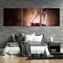 Load image into Gallery viewer, wine  glass  canvas  print  red  wine  pouring  close  up  3  piece  canvas  wall  art  black  wine  bottle  multi  canvas  artwork For Bedroom
