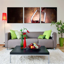 Load image into Gallery viewer, wine  glass  canvas  print  red  wine  pouring  close  up  3  piece  canvas  wall  art  black  wine  bottle  multi  canvas  artwork For Living Room
