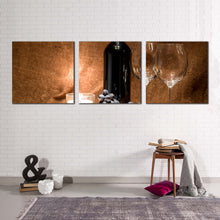 Load image into Gallery viewer, wine  glass  canvas  wall  art  black  wine  bottle  and  grapes  3  piece  canvas  print  red  wine  canvas  set
