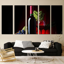 Load image into Gallery viewer, wine glass canvas wall art black wine bottle digital artwork red wine on dark background 5 piece multiple canvas For Living Room
