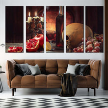 Load image into Gallery viewer, wine glass canvas wall art colorful still life grapes wine canvas print red fruits and candles 5 piece canvas For Living room
