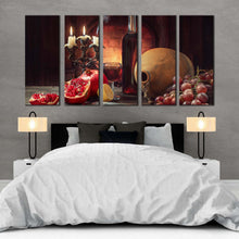 Load image into Gallery viewer, wine glass canvas wall art colorful still life grapes wine canvas print red fruits and candles 5 piece canvas In Bedroom
