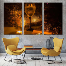 Load image into Gallery viewer, wine glass canvas wall art orange wine atmosphere 3 piece canvas wine and brown lavender canvas print wine candles book multi canvas In Living Room
