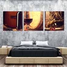 Load image into Gallery viewer, wine  glass  canvas  wall  art  red  wine  bottle  grapes  3  piece  canvas  print  brown  wine  barrel  and  guitar  multiple  canvas In  Bedroom
