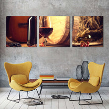 Load image into Gallery viewer, wine  glass  canvas  wall  art  red  wine  bottle  grapes  3  piece  canvas  print  brown  wine  barrel  and  guitar  multiple  canvas In Living Room
