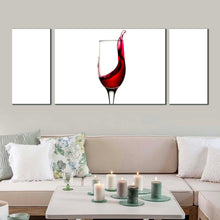 Load image into Gallery viewer, wine glass canvas wall art white abstract wine triptych canvas print red splash of wine 3 piece canvas In Living Room
