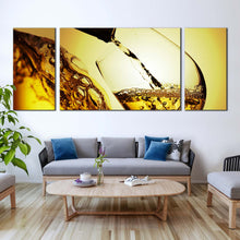 Load image into Gallery viewer, wine glass canvas wall art yellow liquor bottle canvas print white wine poured 3 piece multi canvas artwork In Living Room
