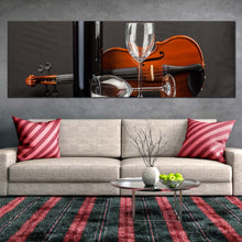 Load image into Gallery viewer, wine  glasses  canvas  wall  art  black  wine  bottle  panoramic  canvas  artwork  brown  violin  wine  drink  canvas  print For Living Room
