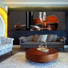 Load image into Gallery viewer, wine  glasses  canvas  wall  art  black  wine  bottle  panoramic  canvas  artwork  brown  violin  wine  drink  canvas  print In Living Room
