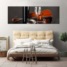 Load image into Gallery viewer, wine  glasses  canvas  wall  art  black  wine  bottle  panoramic  canvas  artwork  brown  violin  wine  drink  canvas  print For Bedroom
