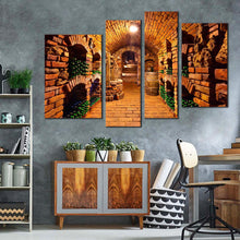 Load image into Gallery viewer, wine glasses canvas wall art green wine bottles 4 piece canvas print orange brown wine cellar multiple canvas for living room
