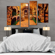 Load image into Gallery viewer, wine glasses canvas wall art green wine bottles 4 piece canvas print orange brown wine cellar multiple canvas for your bedroom
