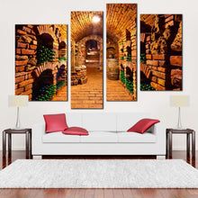 Load image into Gallery viewer, wine glasses canvas wall art green wine bottles 4 piece canvas print orange brown wine cellar multiple canvas in living room
