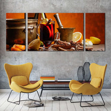 Load image into Gallery viewer, wine glasses canvas wall art orange fruits wine bottles multi canvas red wine glass 3 piece canvas print In Living Room
