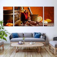 Load image into Gallery viewer, wine glasses canvas wall art orange fruits wine bottles multi canvas red wine glass 3 piece canvas print For Living Room
