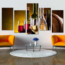 Load image into Gallery viewer, wine glasses canvas wall art red and white wine drink 5 piece multi canvas artwork green alcohol bottles canvas print In Living room
