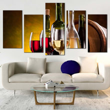 Load image into Gallery viewer, wine glasses canvas wall art red and white wine drink 5 piece multi canvas artwork green alcohol bottles canvas print For Living room
