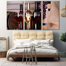 Load image into Gallery viewer, wine glasses canvas wall art red white wine bottles canvas set still life flat wine barrel 3 piece canvas print In Bedroom
