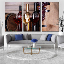 Load image into Gallery viewer, wine glasses canvas wall art red white wine bottles canvas set still life flat wine barrel 3 piece canvas print In Living Room
