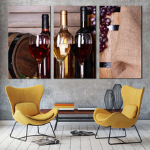 Load image into Gallery viewer, wine glasses canvas wall art red white wine bottles canvas set still life flat wine barrel 3 piece canvas print For Living Room
