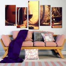 Load image into Gallery viewer, wine grapes canvas wall art wine bottle and brown guitar 5 piece canvas print red wine glass multi canvas artwork In Living room
