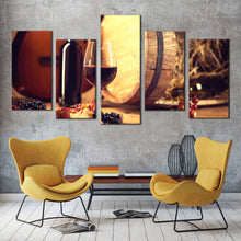 Load image into Gallery viewer, wine grapes canvas wall art wine bottle and brown guitar 5 piece canvas print red wine glass multi canvas artwork For Living room
