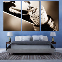 Load image into Gallery viewer, wine opening canvas wall art white cork wine bottle multi canvas black wine bottle close up 3 piece canvas print For Bedroom
