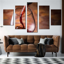 Load image into Gallery viewer, wine pouring canvas wall art black wine bottle canvas set red wine glass close up 5 piece canvas print For Living Room
