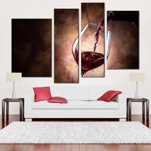 Load image into Gallery viewer, wine pouring canvas wall art black wine bottle winery canvas set red wine glass close up 4 piece canvas print for your living room 
