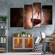 Load image into Gallery viewer, wine pouring canvas wall art black wine bottle winery canvas set red wine glass close up 4 piece canvas print in living room
