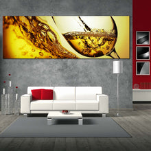 Load image into Gallery viewer, wine  pouring  canvas  wall  art  white  wine  glass  close  up  wide  canvas  yellow  liquor  bottle  glass  1  piece  canvas  print For Living Room
