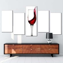 Load image into Gallery viewer, wine splashing canvas wall art red wine poured 5 piece canvas set white background wine glass multi canvas artwork In Living Room
