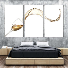 Load image into Gallery viewer, wine wave canvas wall art splashing yellow wine 3 piece canvas print isolated white wine glass multi canvas artwork In Bedroom
