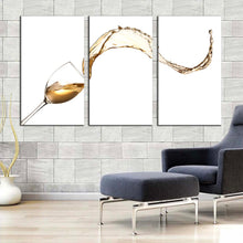 Load image into Gallery viewer, wine wave canvas wall art splashing yellow wine 3 piece canvas print isolated white wine glass multi canvas artwork In Living Room
