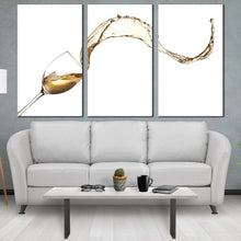 Load image into Gallery viewer, wine wave canvas wall art splashing yellow wine 3 piece canvas print isolated white wine glass multi canvas artwork For Living Room
