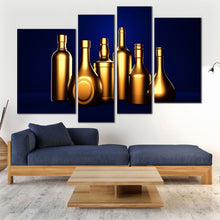 Load image into Gallery viewer, wine alcohol bottles in blue background 4 piece canvas prints 
