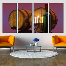 Load image into Gallery viewer, wine bottle glass 2 barrels 4 piece Canvas Print In Living room
