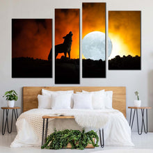 Load image into Gallery viewer, wolf animal canvas print animal white moon 4 piece canvas wall art black wolf profile canvas set in bedroom
